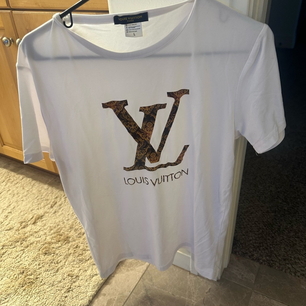 Louis Vuitton White Tee with Brown Logo